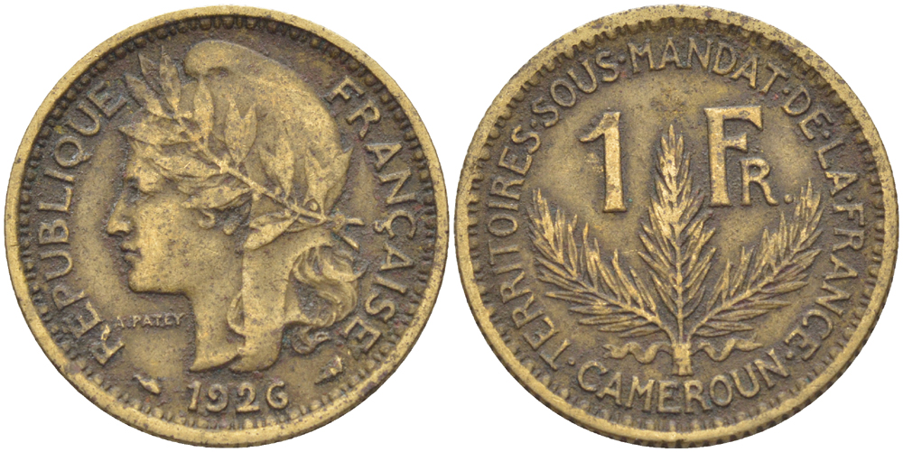 Французский Камерун 1 франк 1926 (а), монетный двор Париж KM 2 алюминиевая бронза 67-436