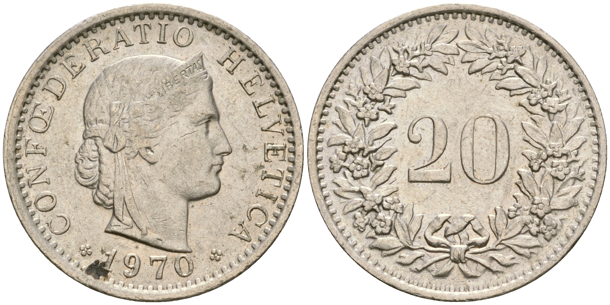 Швейцария 20 раппенов 1970 KM 29а медно-никель 4364-1416