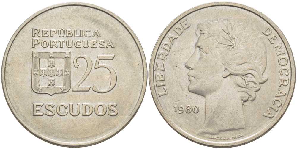 Португалия 25 эскудо 1980 первый год KM 607а медно-никель 113-251