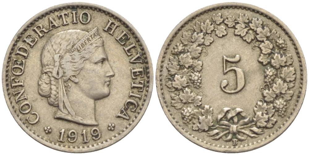 Швейцария 5 раппенов 1919 В KM 26 медно-никель 4532-921