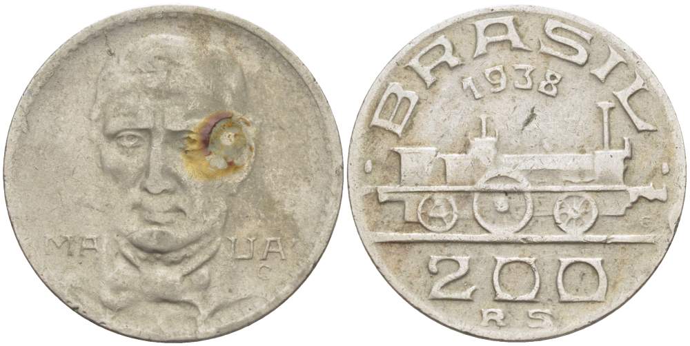 БРАЗИЛИЯ 200 РЕЙС 1938 БРАЗИЛЬСКИЙ ПРОМЫШЛЕННИК, СТРОИТЕЛЬ ПЕРВОЙ ЖЕЛЕЗНОЙ ДОРОГИ ВИКОНТ ди МАУА (1813-1889), ПАРОВОЗ KM 537 медно-никель 4529-612