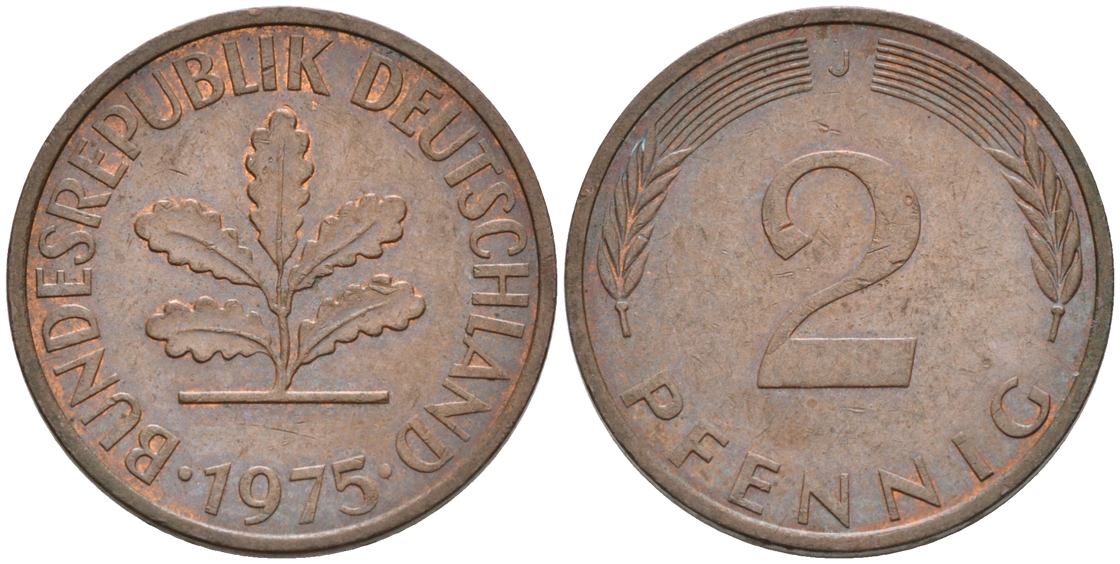 ФРГ 2 ПФЕННИГА 1975 J KM 106a, J.381a сталь плакированная сталь плакированная медьюю 75-443