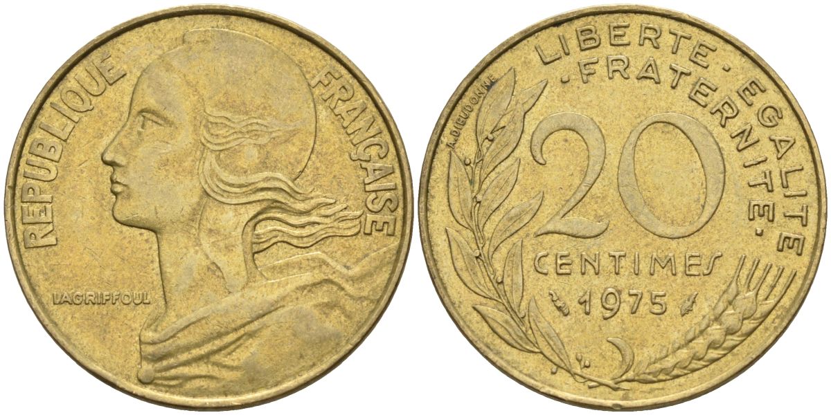 Франция 20 сантимов 1975 тип Marianne KM 930, Le Franc 156.15 медь алюминий никель 4592-1043