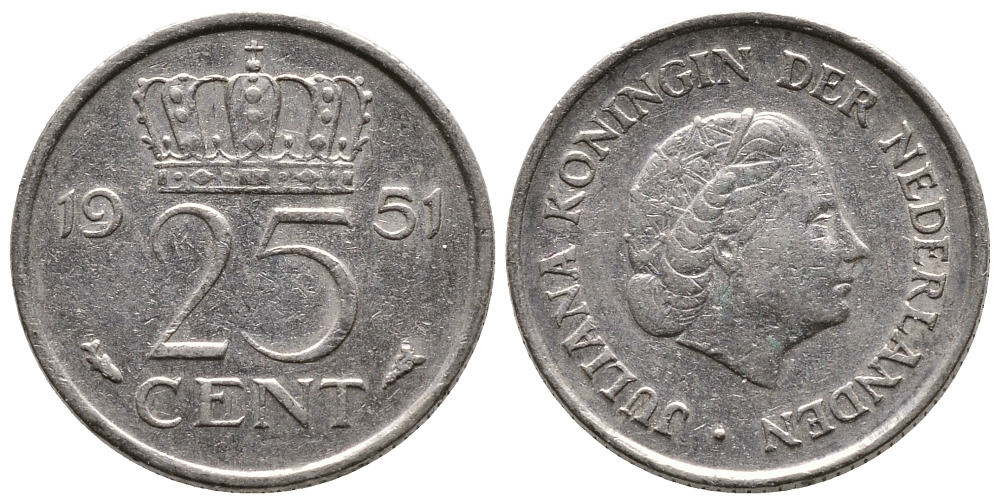 Нидерланды 25 центов 1951 Юлиана (1949-1980) KM 183 никель 75-1119