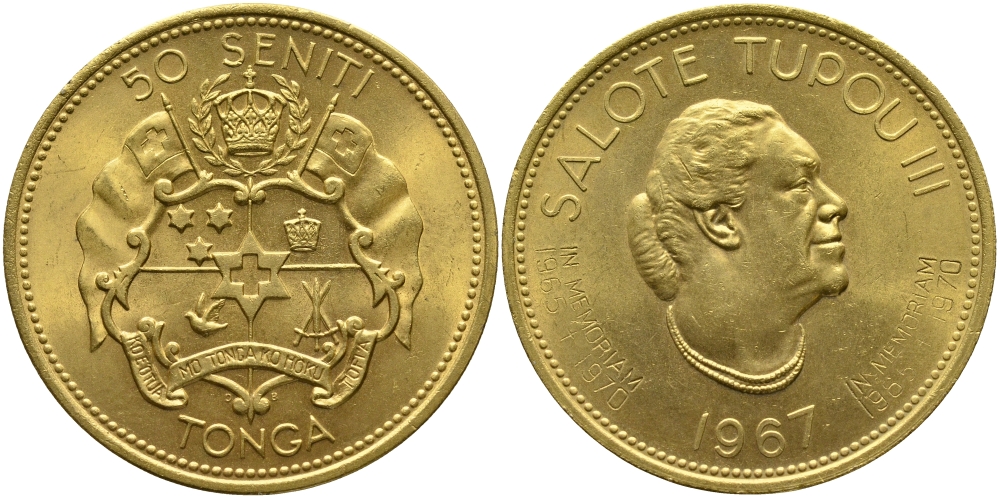 Тонга 50 сенити 1967 Салоте Тупоу III (1900-1965), королева Тонга, надчеканка на KM 11, в память (1965-1970), позолота, ограниченный выпуск KM 10 медно-никель  UNC  4558-1135
