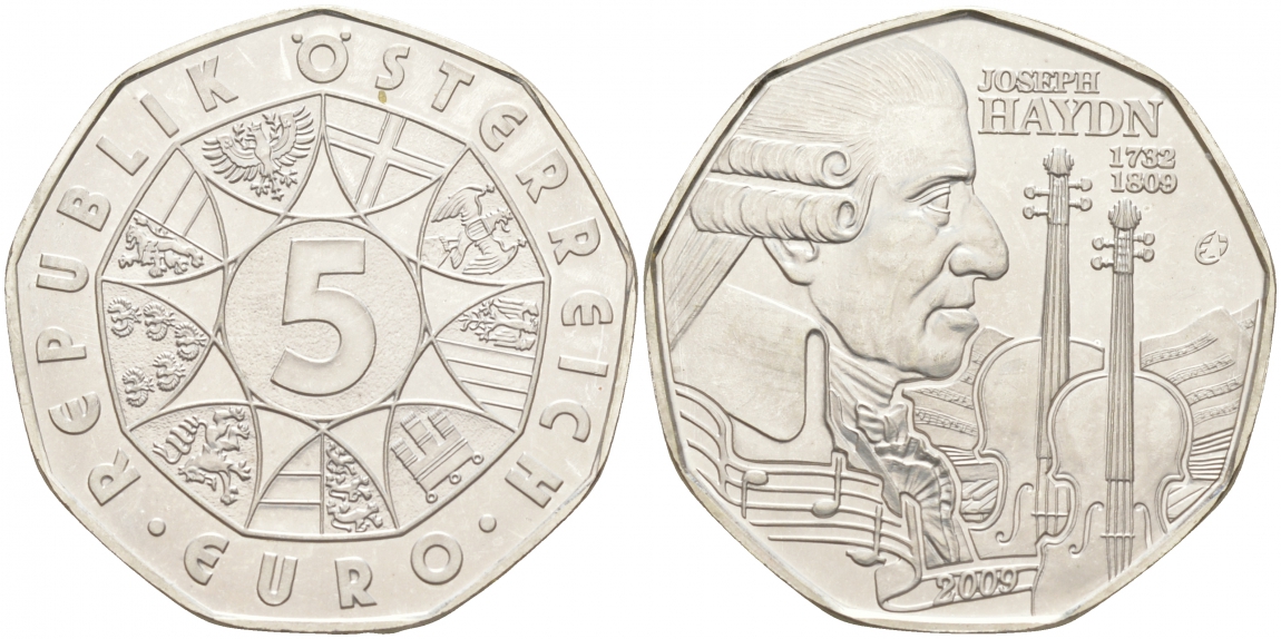 Австрия 5 евро 2009 200 лет  Йозефа Гайдна KM 3170 серебро UNC 1521-1114