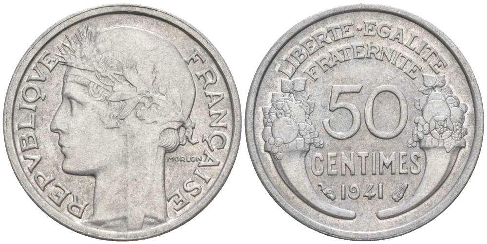 ФРАНЦИЯ 50 САНТИМОВ 1941 ТИП MORLON LOURDE KM 894.1a, LE FRANC 193.2 алюминий 44-331
