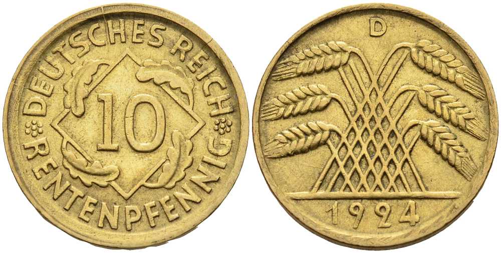 ГЕРМАНИЯ 10 РЕНТЕНПФЕННИГОВ 1924 D KM 33, J. 309 алюминиевая бронза 4401-415
