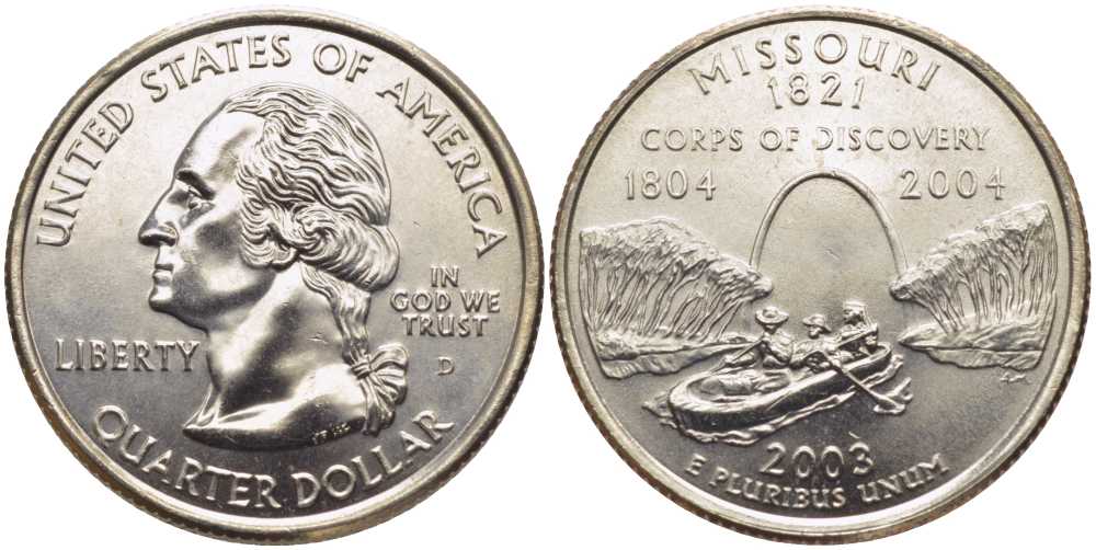 США 25 центов = квотер 2003 D, серия штаты США, Миссури KM 346 медь плакированная медно-никелем UNC M49-17