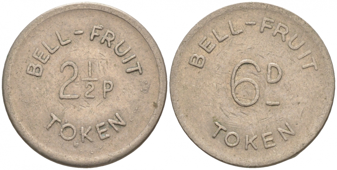 АНГЛИЯ 2 1/2 НОВЫХ ПЕНСОВ = 6 ПЕНСОВ ND ИГРОВОЙ ЖЕТОН, ТОКЕН BELL-FRUIT белый металл 73-1253