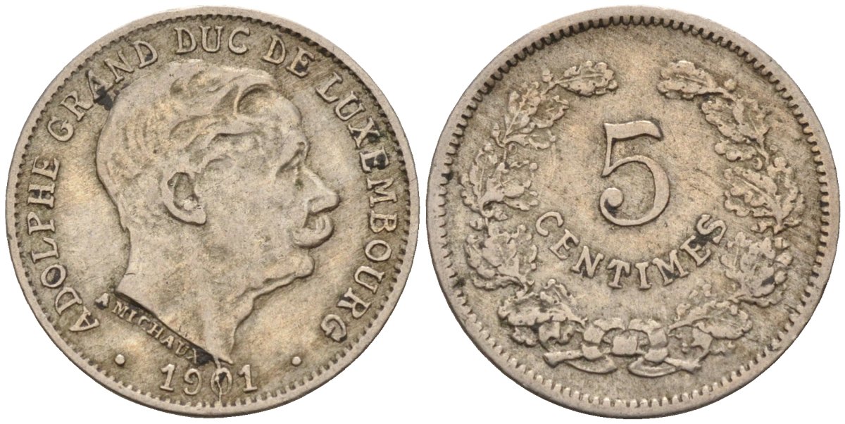 Люксембург 5 сантимов 1901 герцог Адольф (1890-1905) KM 24 медно-никель 4585-758