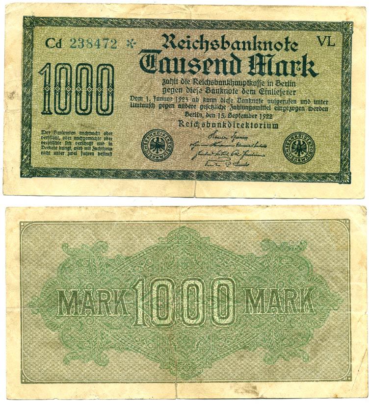 Германия 1000 марок 1922 15 сентября 1922, водяной знак G, белая бумага Pick 76 e  бумага   435-24-2-2