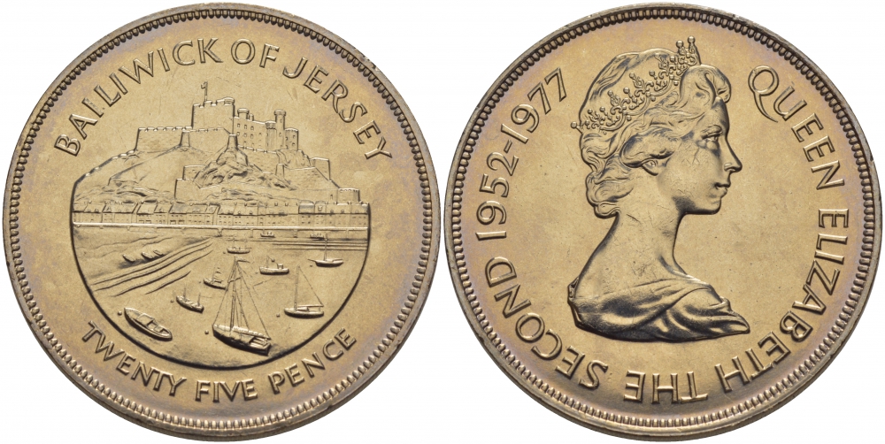 Гернси 25 пенсов 1978 Королевский визит, в оригинальной пластиковой коробке KM 32 медно-никель UNC 1085-4-22