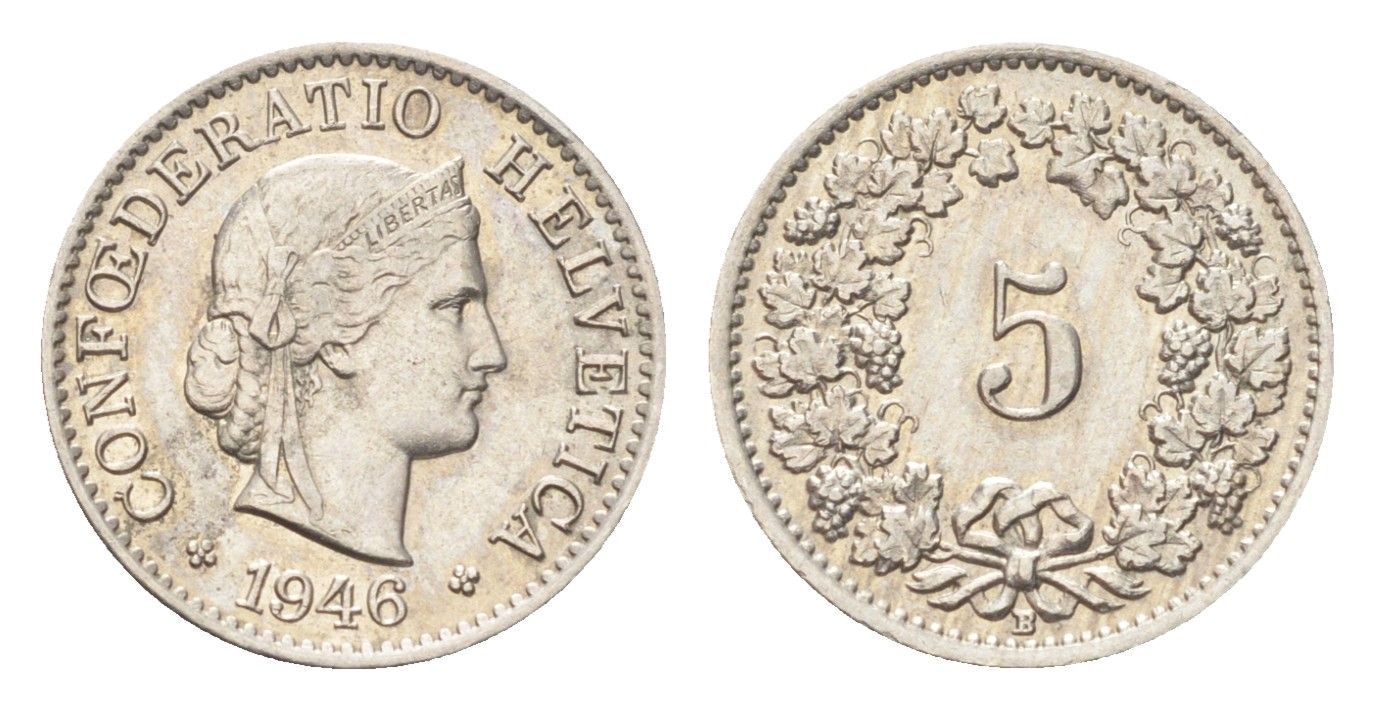 Швейцария 5 раппенов 1946 B KM 26 медно-никель 4705-1238