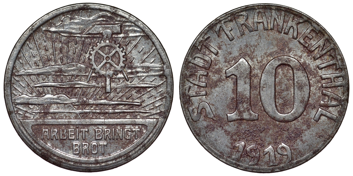 Германия, Франкенталь 10 пфеннигов 1919 Рейнлянд-Пфальц, нотгельд Funck 135.13 железо 4119-1114
