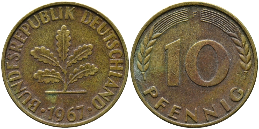 ФРГ 10 пфеннигов 1967 F J. 383, KM 108 сталь плакированная латунью 98-416