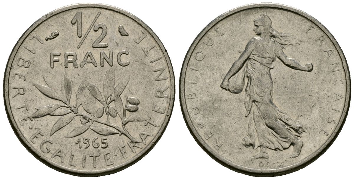 Франция 1/2 франка 1965 сеятель KM 931, Le Franc 198.3 никель 4135-644