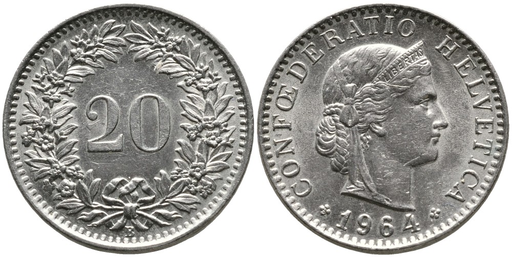 Швейцария 20 раппенов 1964 B KM 29а медно-никель 4529-736