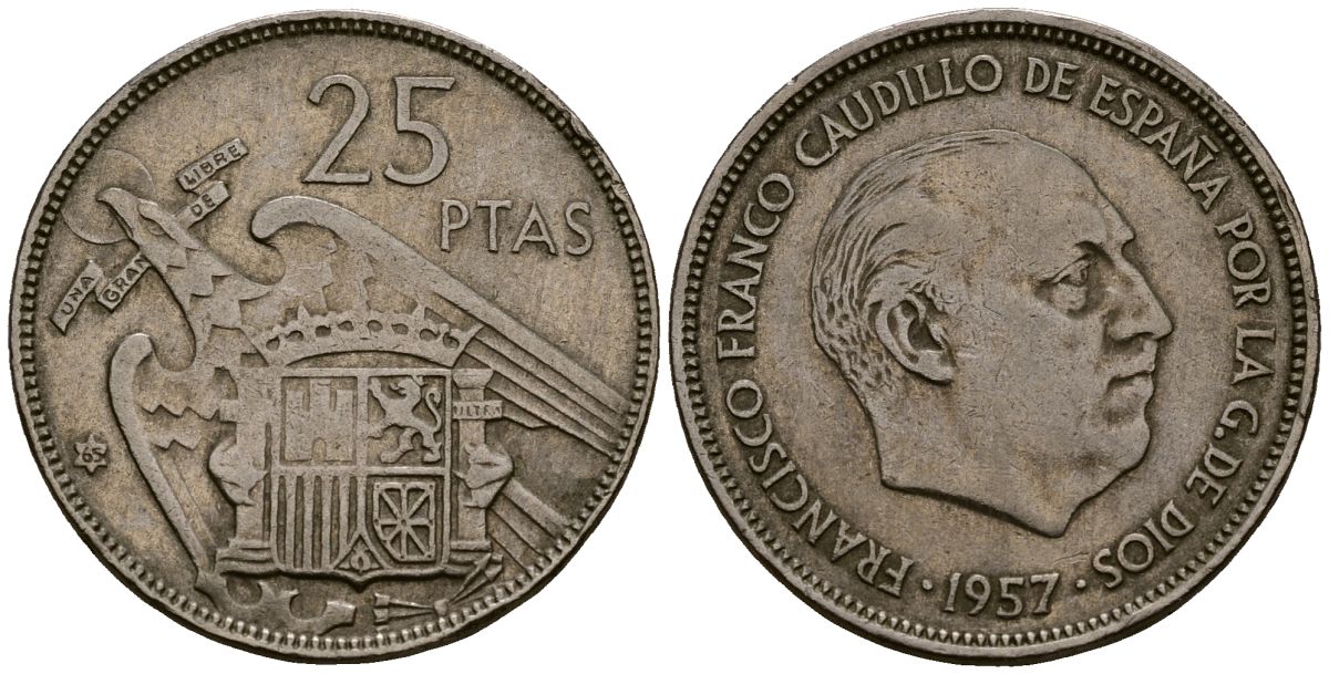 Испания 25 песет 1957 Франсиско Франко (1939-1975) KM 787 медно-никель 4165-942