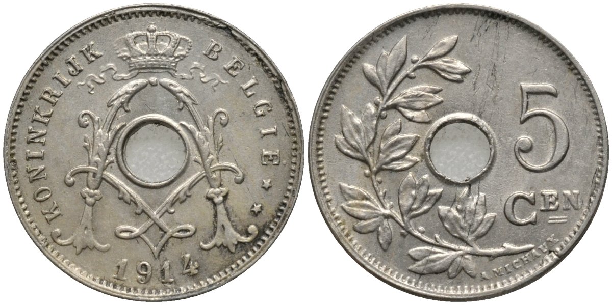 Бельгия 5 сантимов 1914 BELGIE KM 67 медно-никель 4516-927