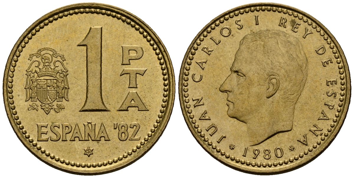 Испания 1 песета 1980 Чемпионат мира по футболу в Испании 1982 года, Хуан Карлос I (1975-2014) KM 816 алюминиевая бронза 4176-436
