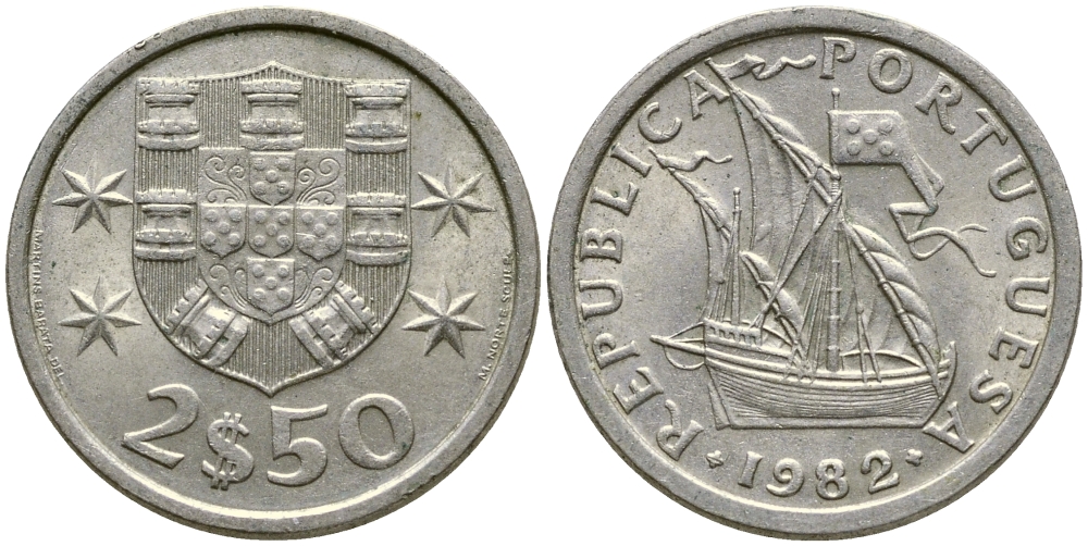 ПОРТУГАЛИЯ 2,5 ЭСКУДО 1982 ПАРУСНИК KM 590 медно-никель 4387-126