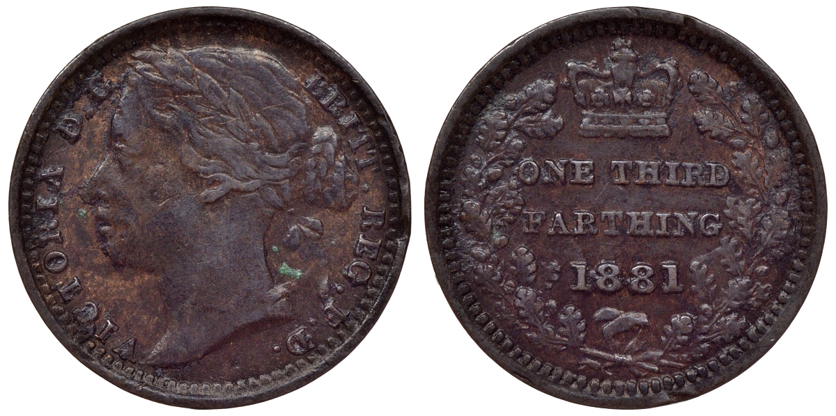 Великобритания 1/3 фартинга 1881 Виктория (1837-1901) KM 750, Spink 3960 бронза 1531-241