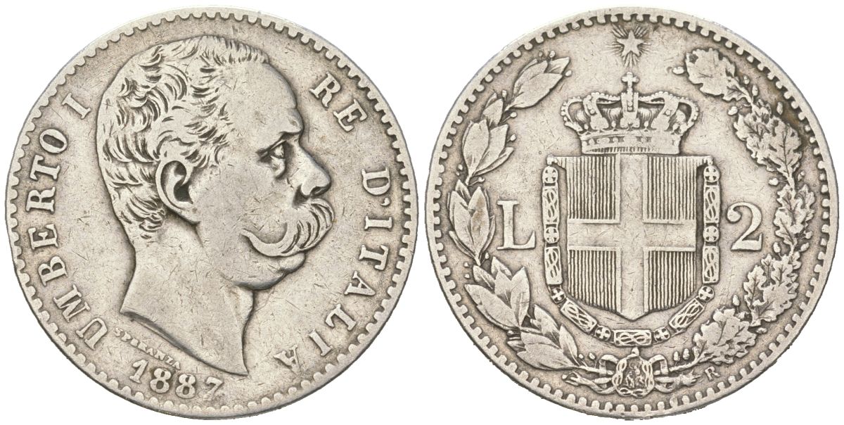 Италия 2 лиры 1887 R, Умберто I (1878-1900) KM 23 серебро 68-827
