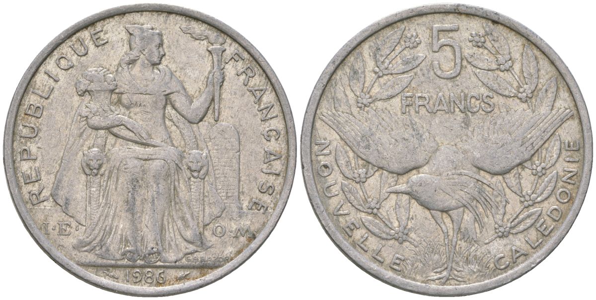 Французская Новая Каледония 5 франков 1986 птица кагу, (IEOM) KM 16, Schoen 12, Lec 76 алюминий 180-735