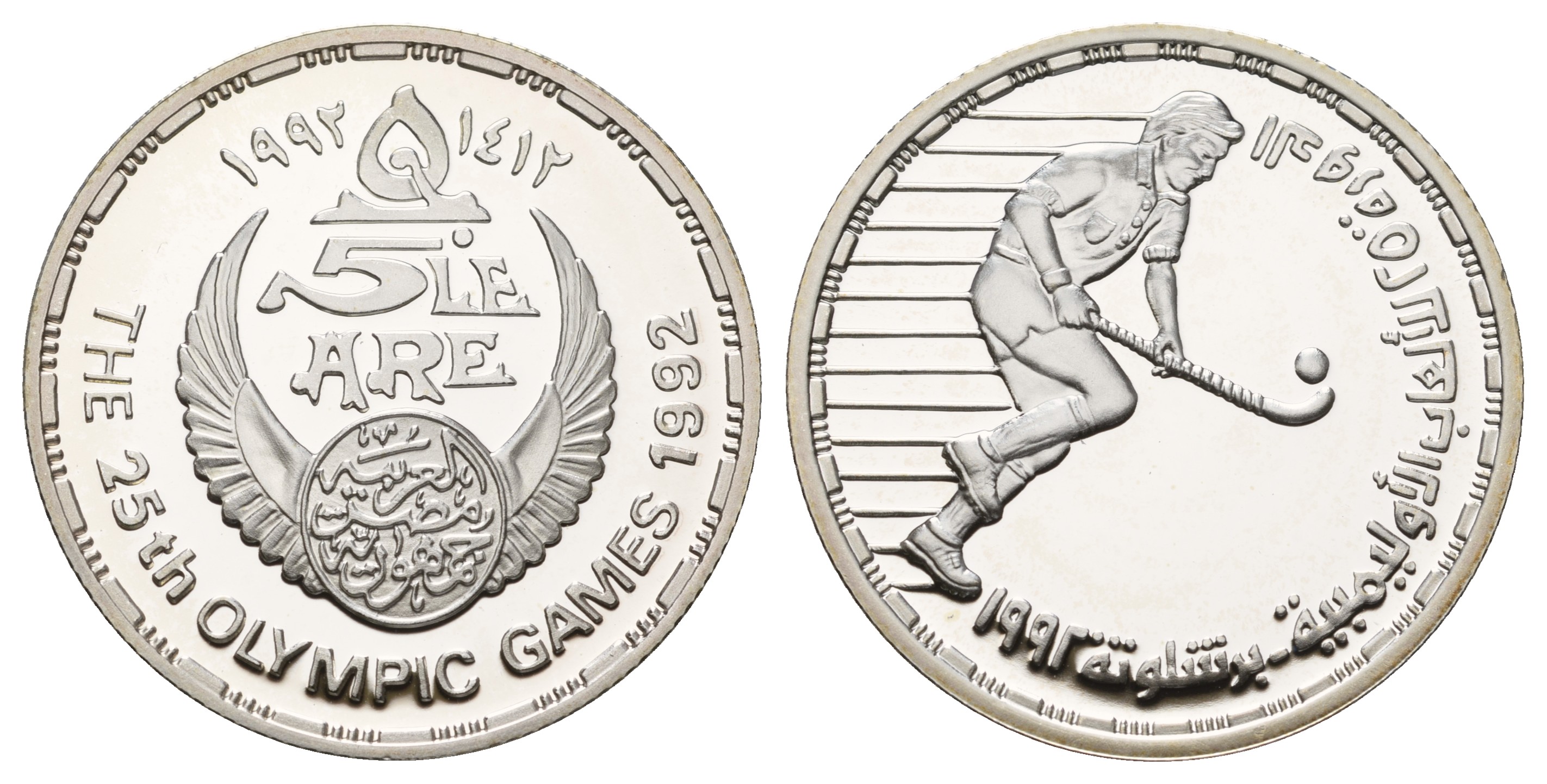 Египет 5 фунтов 1992 XXV Олимпийские игры в Барселоне 1992 года, хоккей на траве KM 707 серебро PROOF 1066-1-14