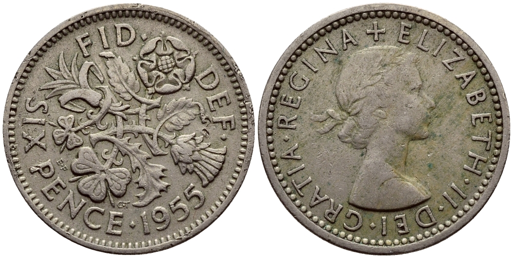 Великобритания 6 пенсов 1955 Елизавета II (1952-2022) KM 903, Spink 4149 медно-никель 3458-222