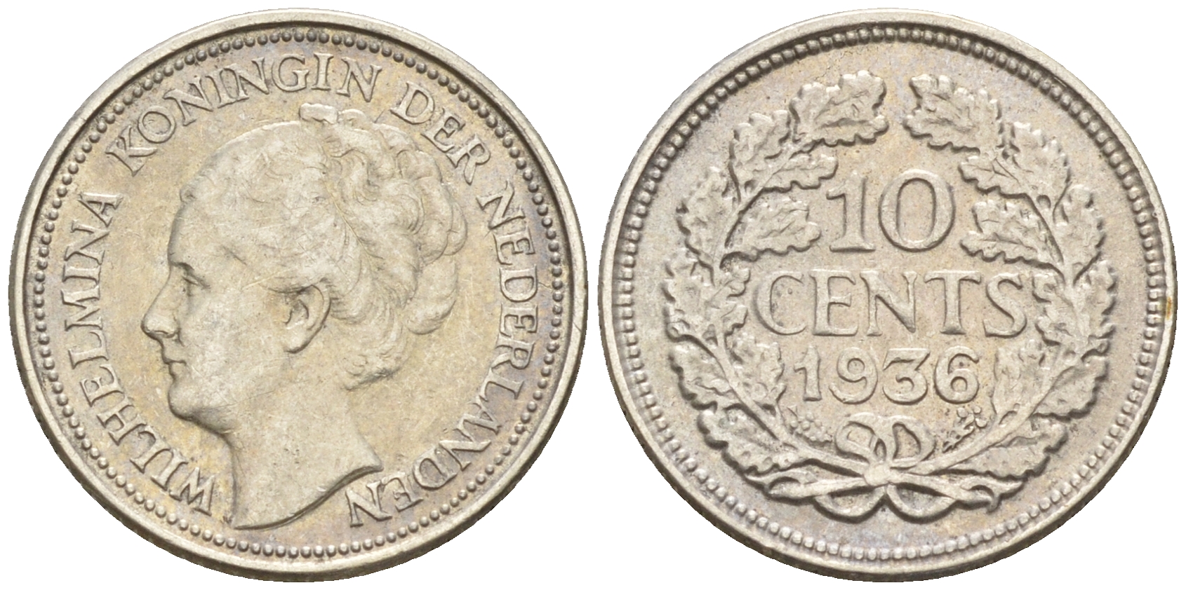 Нидерланды 10 центов 1936 Вильгельмина I (1890-1948) КМ 163 серебро  4160-1238