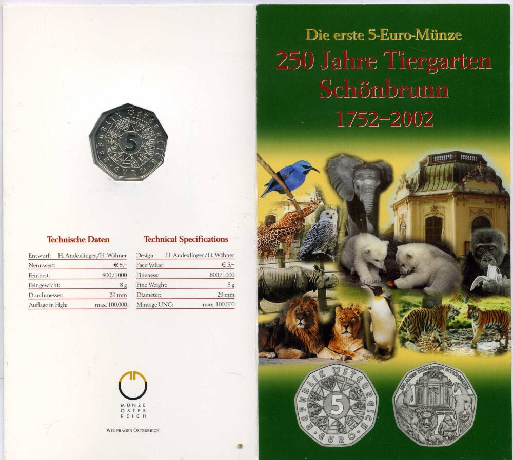 Австрия 5 евро 2002 250 лет Шенбруннскому зоопарку, в оригинальном буклете KM 3091 серебро UNC 3-4-3-41