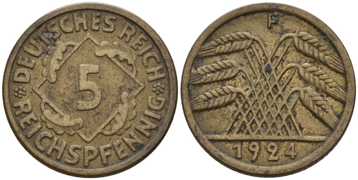 Германия 5 рейхспфеннигов 1924 F KM 39, J. 316 алюминиевая бронза 4151-714