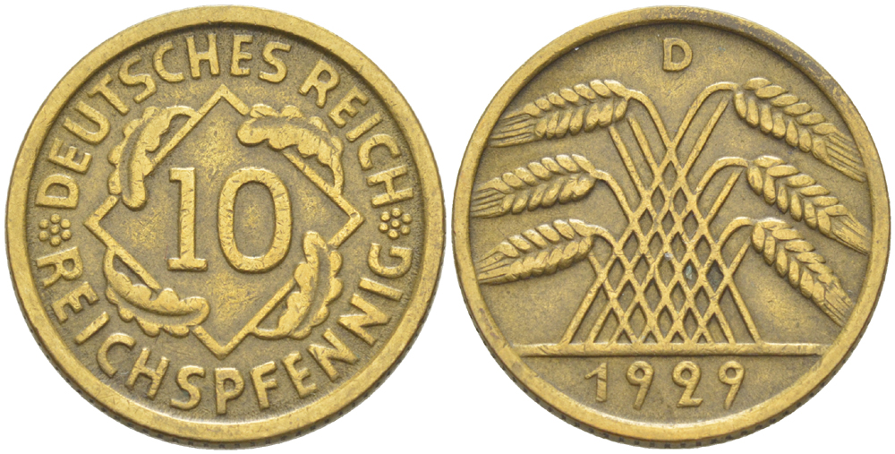 ГЕРМАНИЯ 10 РЕЙХСПФЕННИГОВ 1929 D KM 40, J. 317, Weege 9 алюминиевая бронза 4182-715