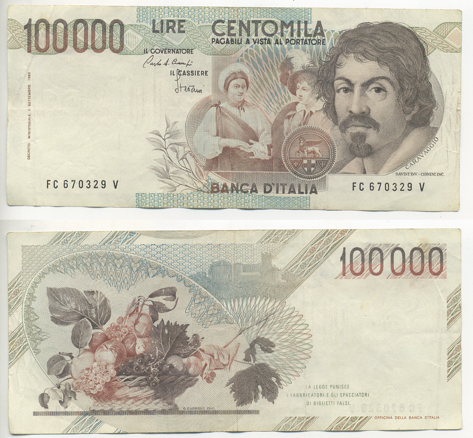 Италия 100000 лир 1983 Караваджо, фруктовый букет, подпись Speziali Pick 110b бумага 7220-30-2