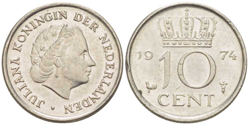 НИДЕРЛАНДЫ 10 ЦЕНТОВ 1974 ЮЛИАНА (1948-1980) KM 182 никель 116-668