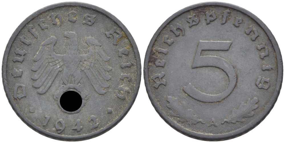 ГЕРМАНИЯ 5 РЕЙХСПФЕННИГОВ 1942 A KM 100, J. 370 цинк 105-255
