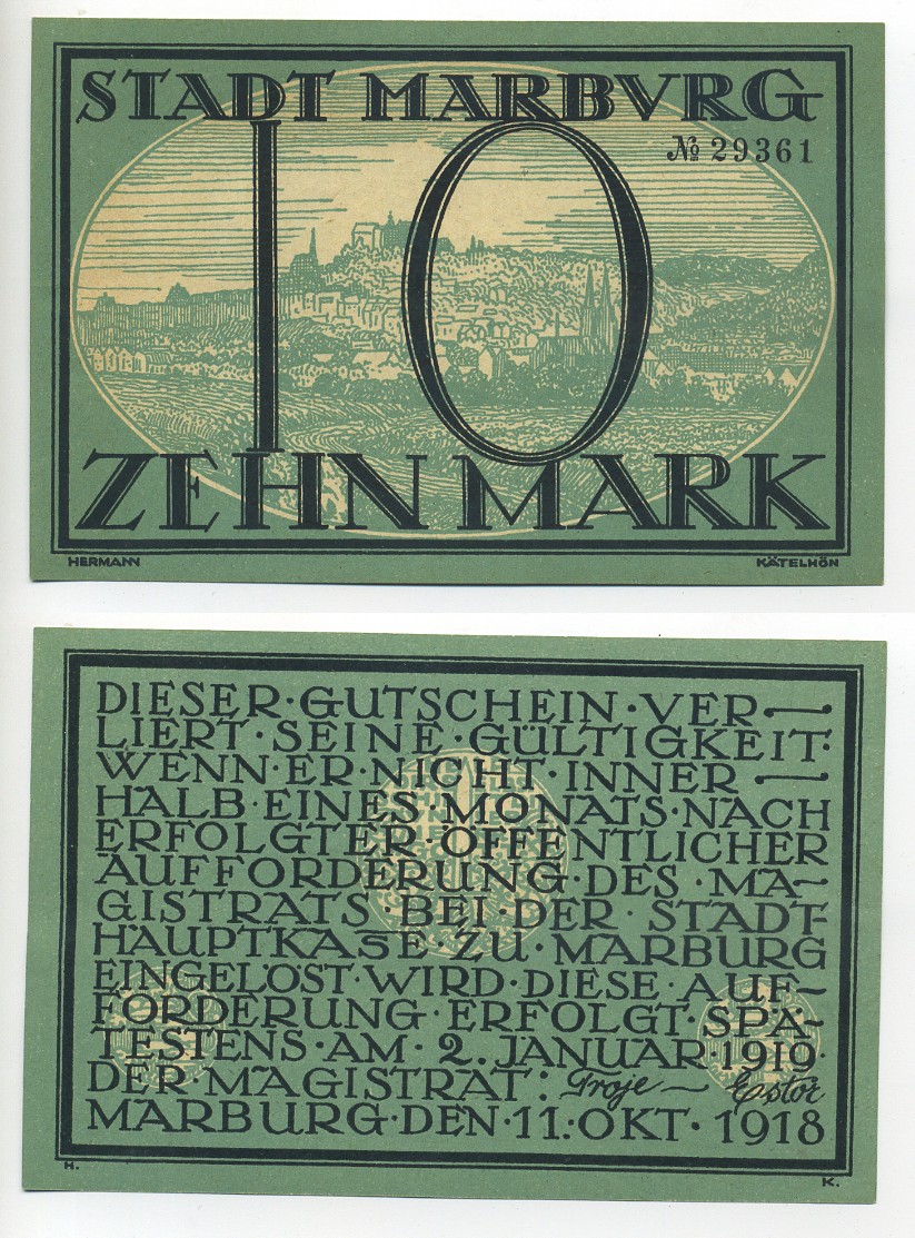 МАРБУРГ 10 МАРОК 1918 НОТГЕЛЬД, 11 ОКТЯБРЯ 1818 - 2 ЯНВАРЯ 1919, ЗЕМЛЯ ГЕССЕН бумага 7217-42-1