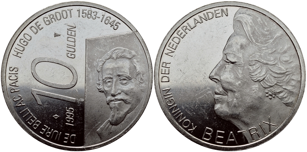 Нидерланды 10 гульденов 1995 300 лет со дня смерти Хьюго Грута, королева Беатрикс KM 220 серебро 1524-934