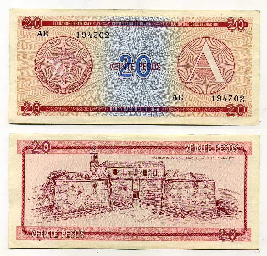 Куба, валютный сертификат 20 песо ND (1985) серия A, красная Pick FX 5 бумага aUNC 8615-9-2-2