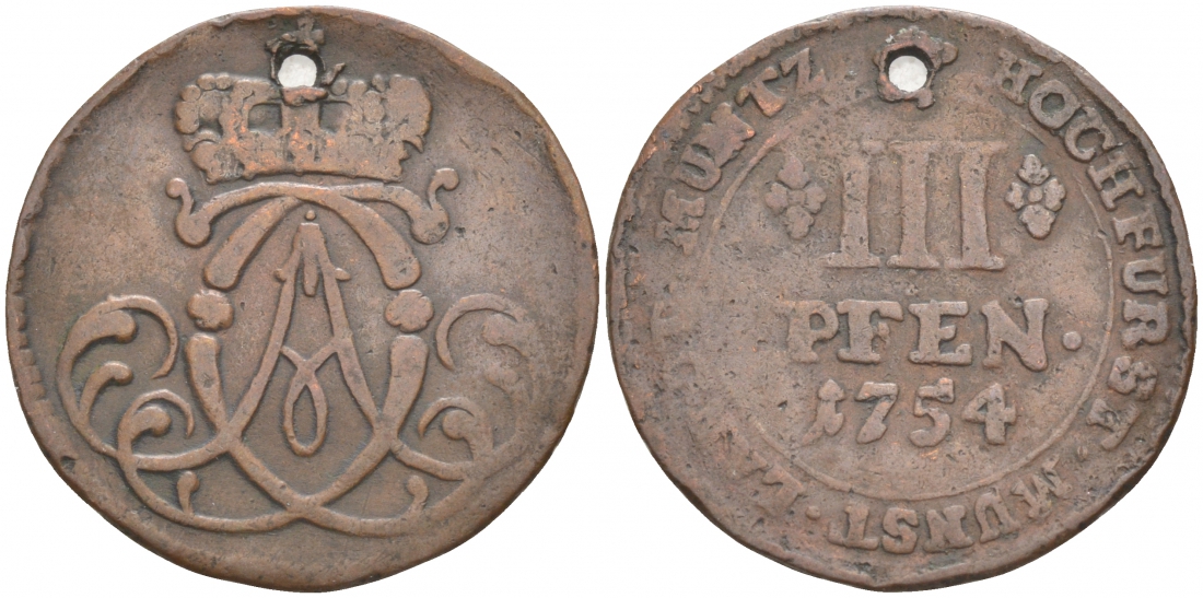 Мюнстер 3 пфеннига 1754 с отверстием KM 178 медь 73-156