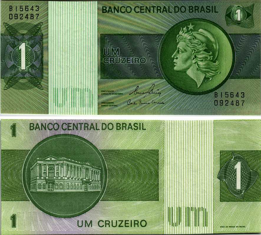Бразилия 1 крузейро ND (1980) серия В 15ххх, подпись 20, голова свободы, здание Центрального банка Pick 191Ac бумага UNC (пресс) 7547-30-3-2