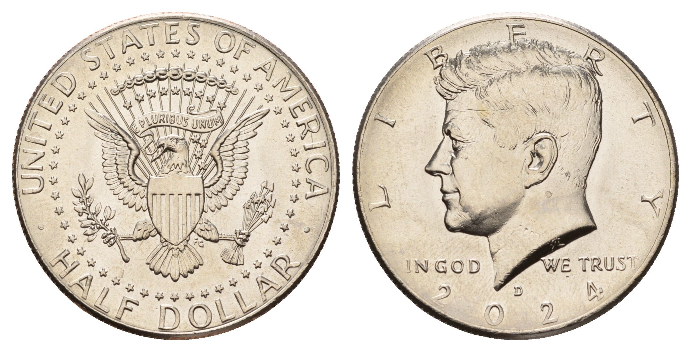 США 1/2 доллара (50 центов) 2024 D, Джон Кеннеди KM A202b медь плакированная медно-никелем UNC 4667-123