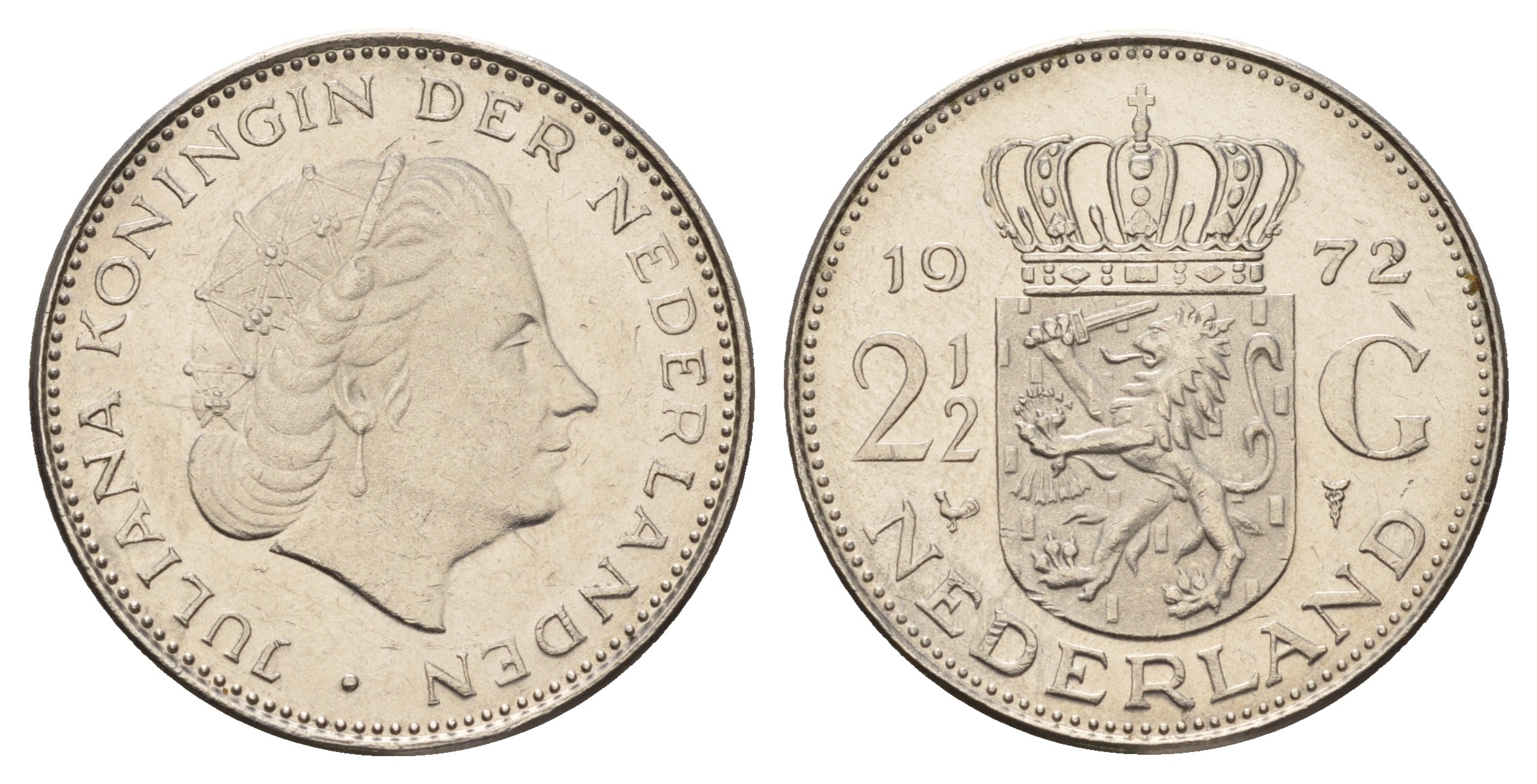 Нидерланды 2 1/2 гульдена 1972 Юлиана (1948-1980) KM 191 никель 4683-913