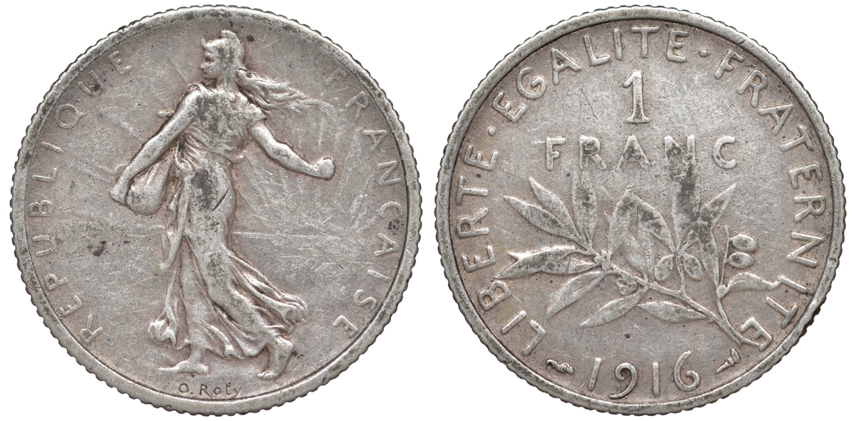 Франция 1 франк 1916 KM 844.1 серебро 4178-614
