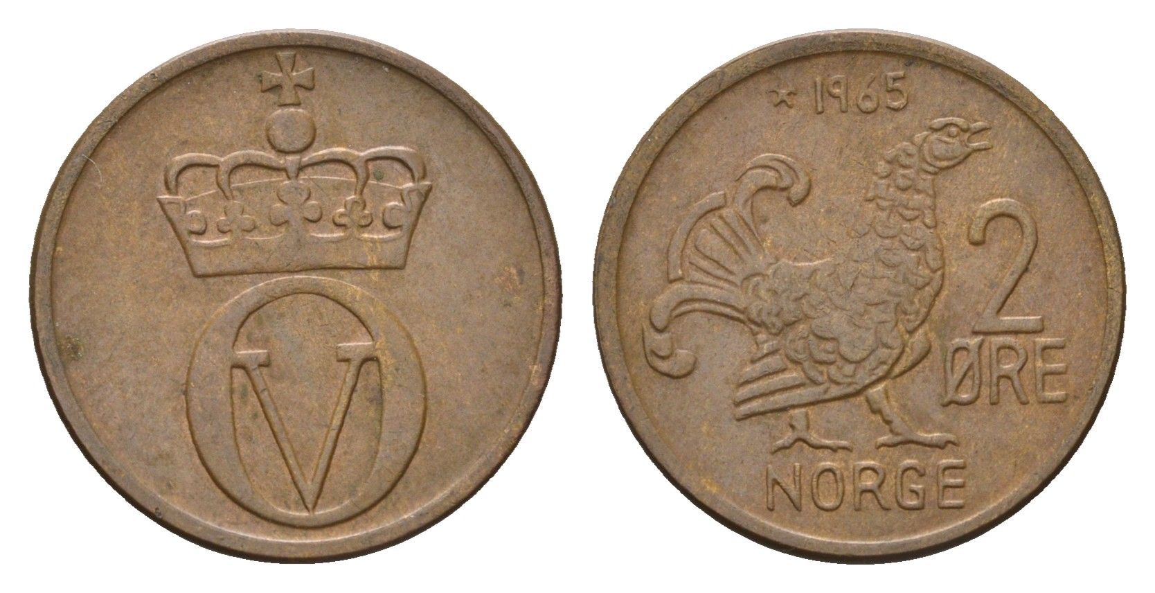 Норвегия 2 эре 1965 Улаф V (1957-1991) KM 410 бронза 4702-539