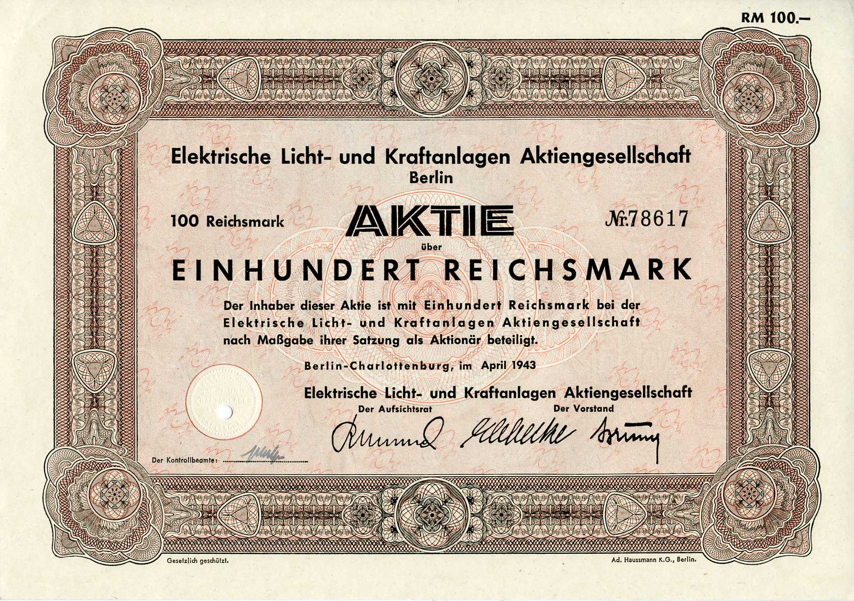 Германия 100 рейхсмарок 1943 АО Электрические осветительные и энергетические установки, Берлин, акция   бумага   8804-64-1
