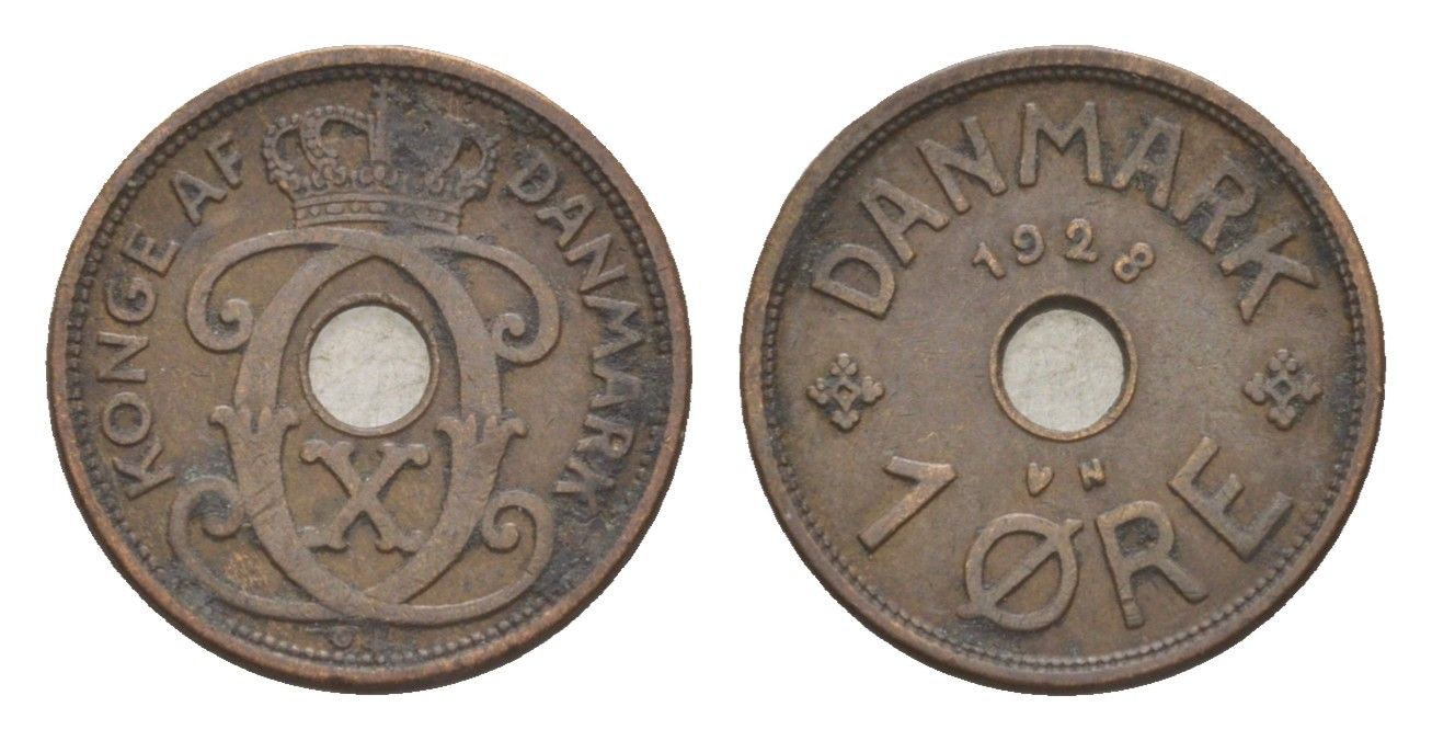 Дания 1 эре 1928 N, Кристиан X (1912-1947) KM 826 бронза 4639-668