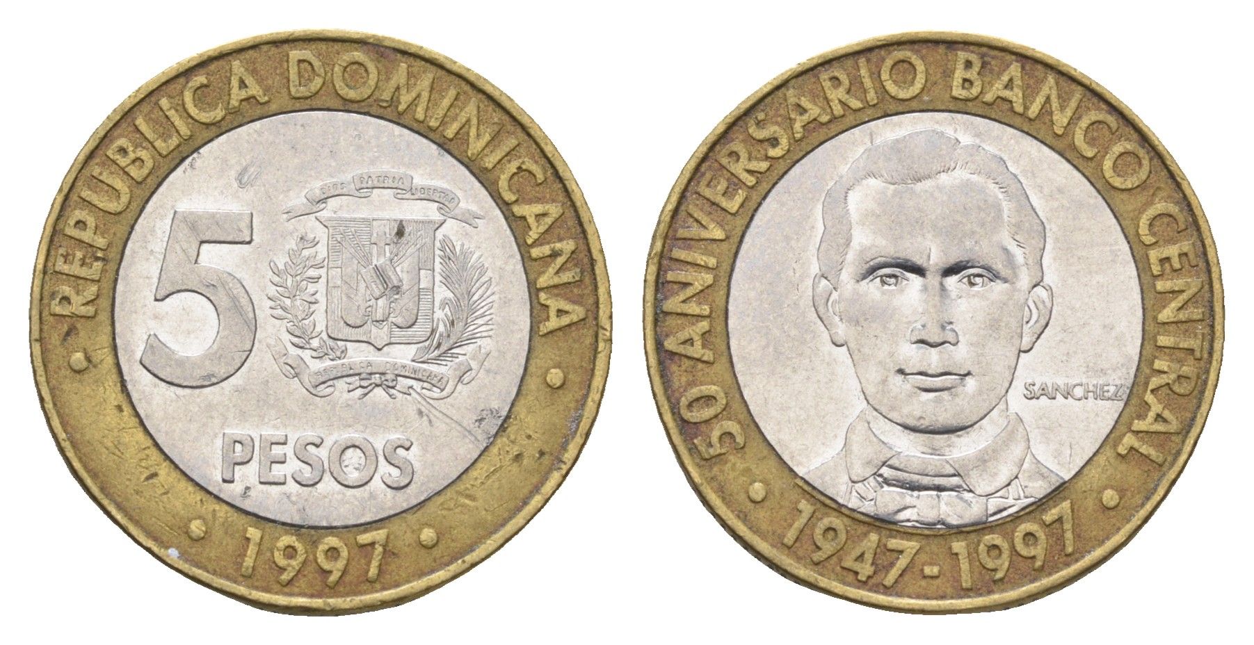 Доминиканская Республика (Доминикана) 5 песо 1997 50 лет Центробанку KM 88 биметалл 4663-924